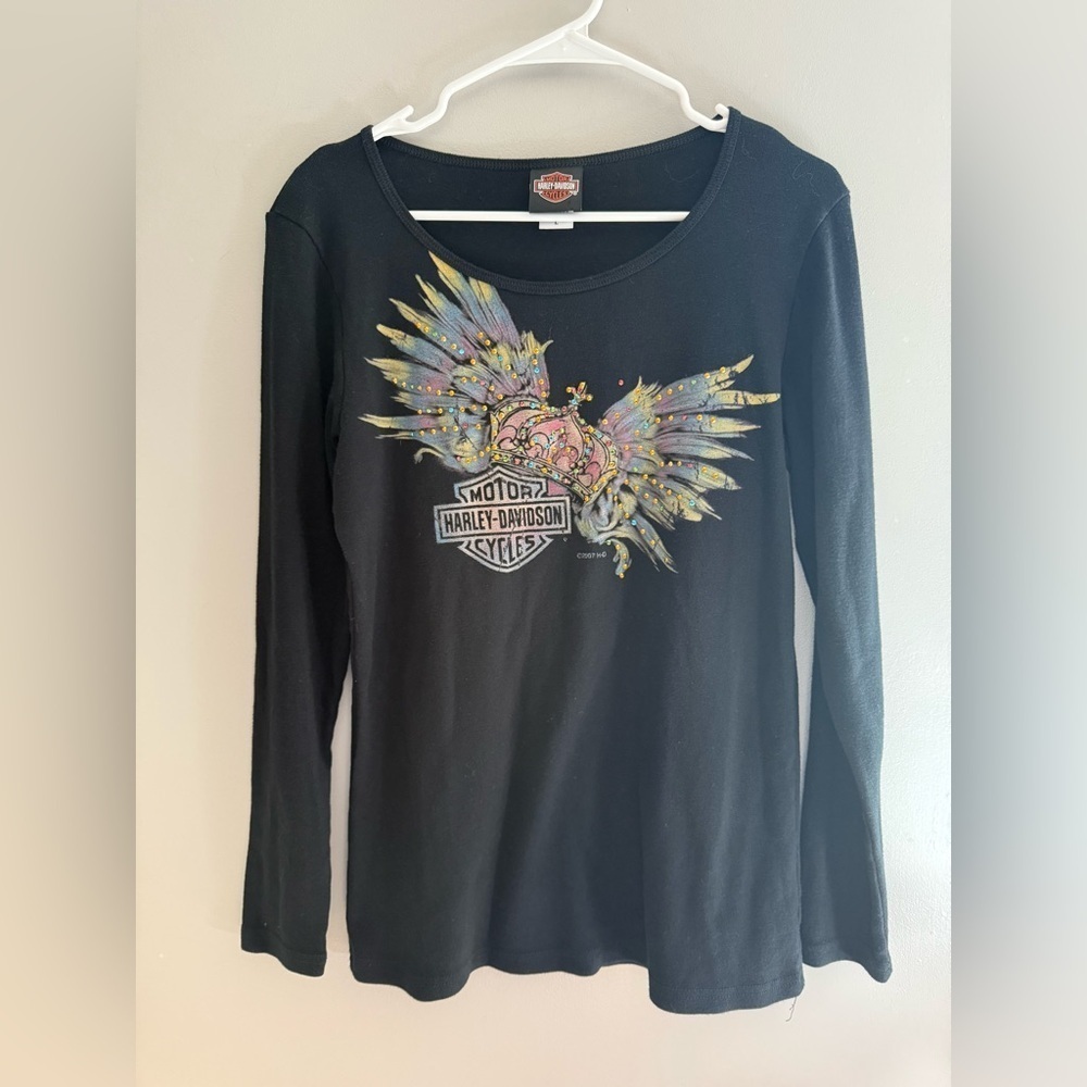 Harley-Davidson Black Long Sleeve Tee with Multicolor Winged Skull Graphic